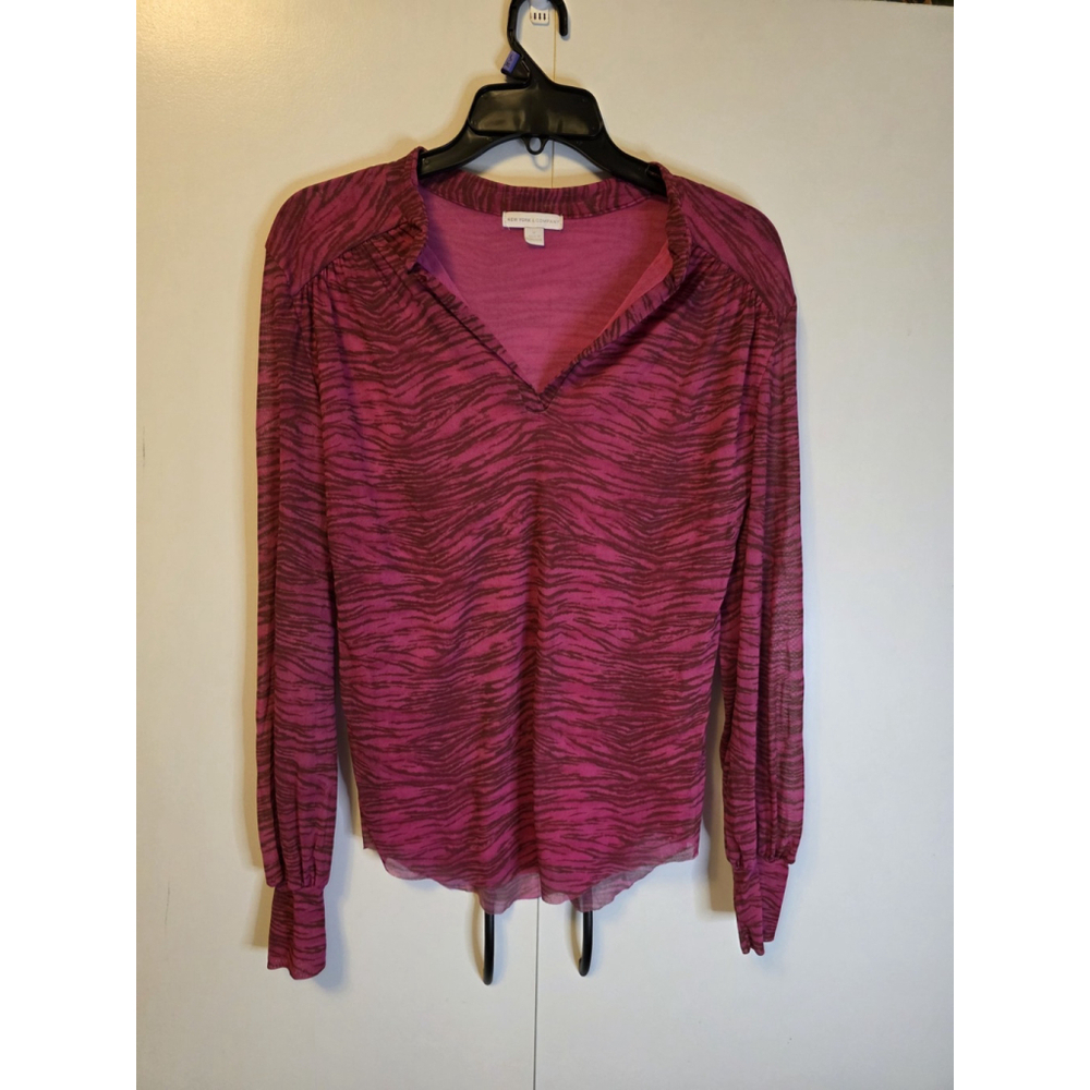 NYC Blouse Top Pink Red Zebra Print Ruched Fitted Long Sleeved Size Medium